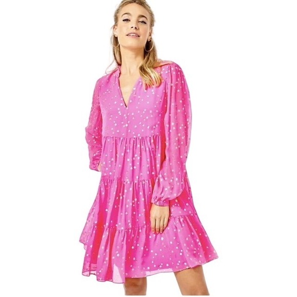 Lilly Pulitzer Sarita Silk Swing Dress Pink Gold Metallic Dot Tiered Mini 8  - studiocorradiniservizi.it